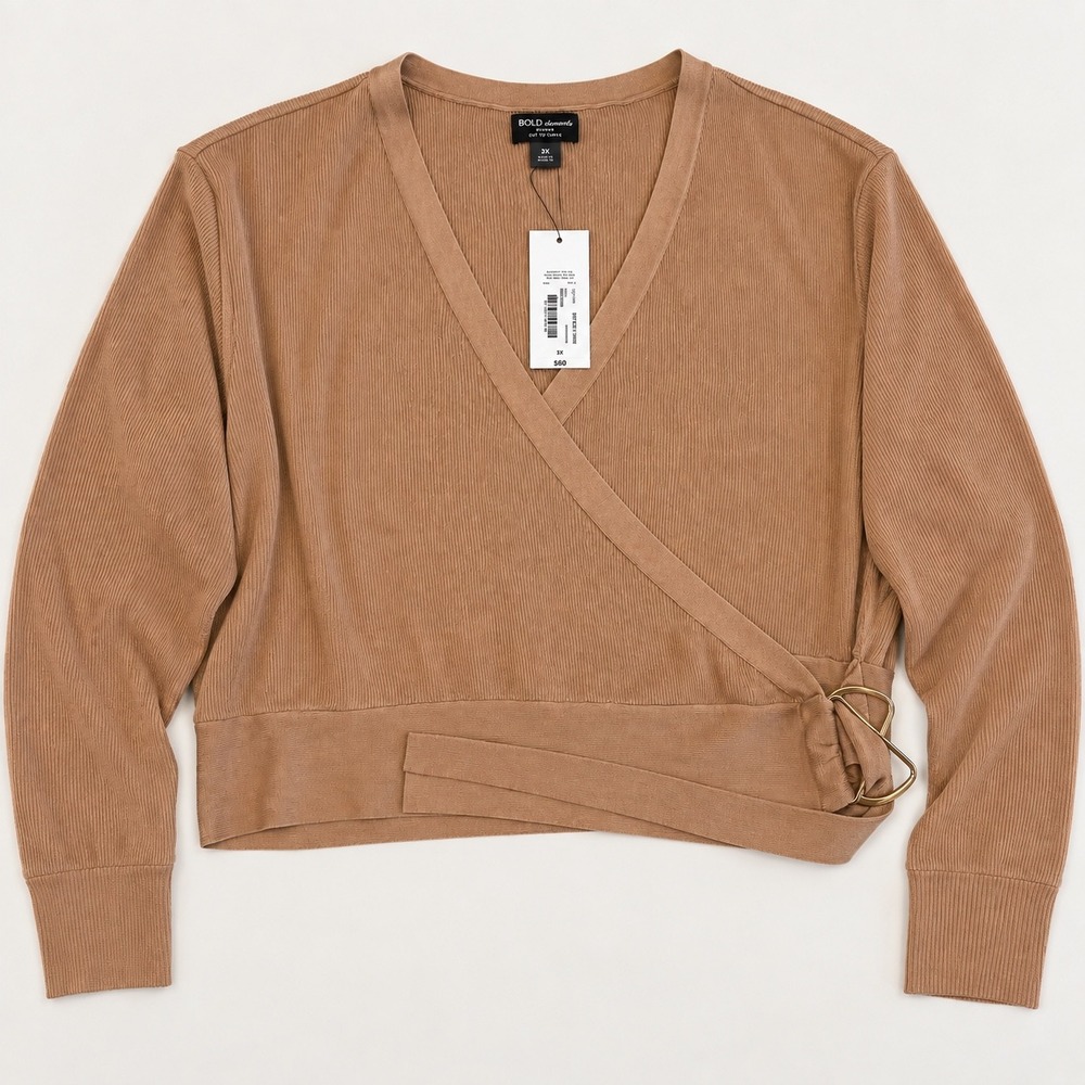 Bold Elements Woman Suntan Ribbed Wrap Top 3X NWT Brown V-Neck Buckle Detail